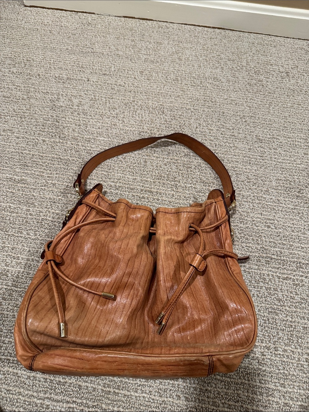 Cole Haan Tan Pebbled Leather Drawstring Hobo